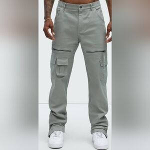 Gray Cargo Pants with Relaxed Fit and Zipper Details